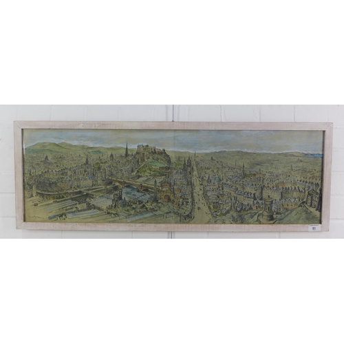 91 - After Bryan de Grineau, panoramic view of Edinburgh, an overpainted print framed under glass, size o... 