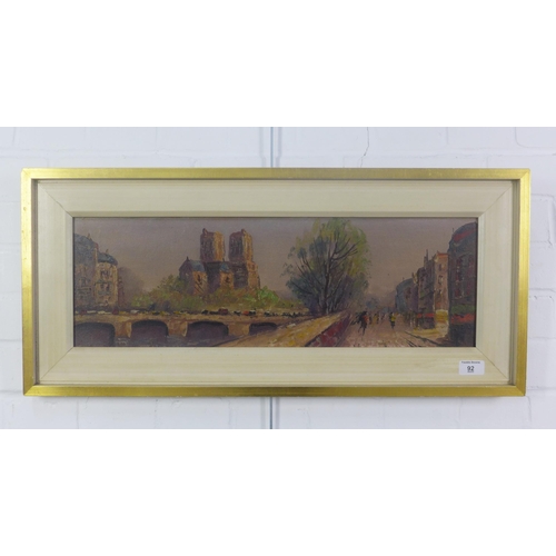 92 - Continental School, oil on board of a street scene, apparently unsigned, framed, 60 x 20cm