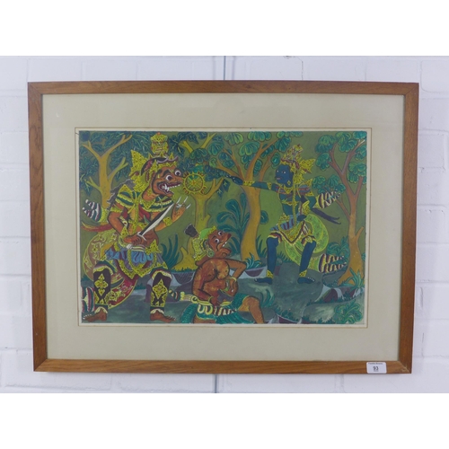 93 - 20th century school mixed media of South East Asian figures, apparently unsigned, framed under glass... 