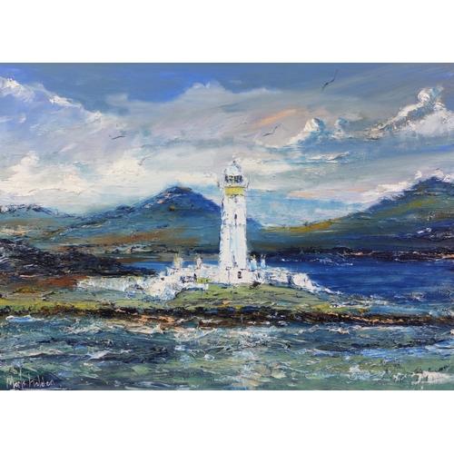 96 - Mark Holden, 'Lismore Lighthouse, Eileann Mustice Mull', acrylic, signed and framed within a silver ... 