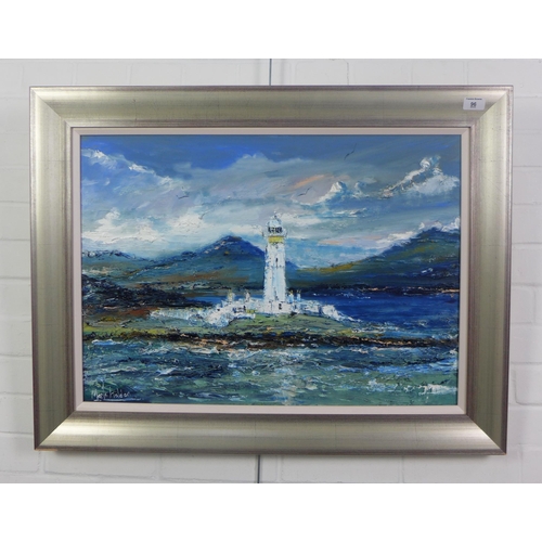 96 - Mark Holden, 'Lismore Lighthouse, Eileann Mustice Mull', acrylic, signed and framed within a silver ... 