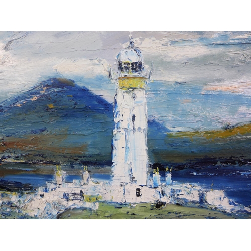 96 - Mark Holden, 'Lismore Lighthouse, Eileann Mustice Mull', acrylic, signed and framed within a silver ... 