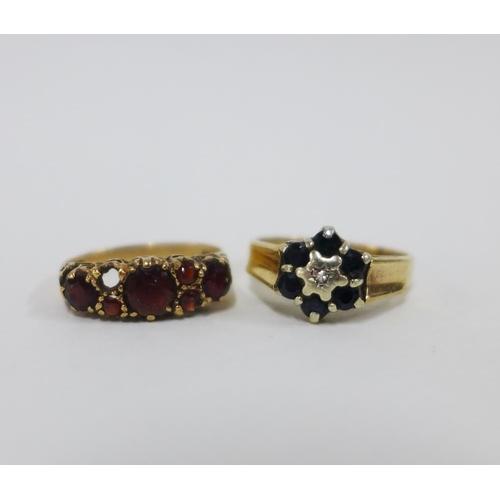 1 - Five 9ct gold gemset rings to include a garnet ring with one small stone missing (5)