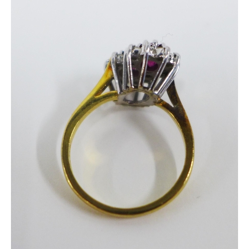 3 - 18ct gold ruby and diamond cluster ring, London 1979
