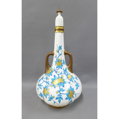 107 - Royal Worcester lobbed vase and cover, with side handles, painted with gilded flowers and turquoise ... 