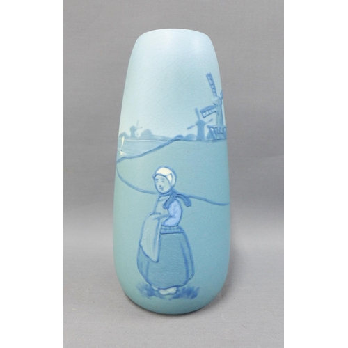 109 - Weller, American art pottery vase, blue ground with Dutch windmill and girl pattern, impressed backs... 