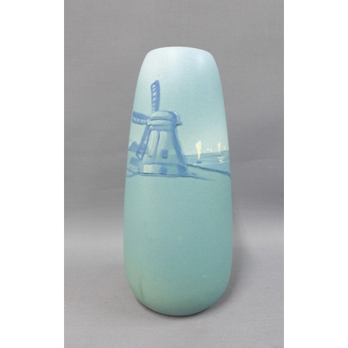 109 - Weller, American art pottery vase, blue ground with Dutch windmill and girl pattern, impressed backs... 