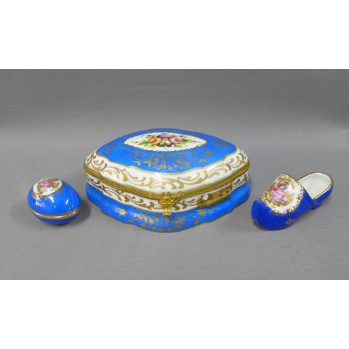 122 - Limoges porcelain and gilt metal mounted trinket box and cover, 19cm, miniature clog and an egg, (3)