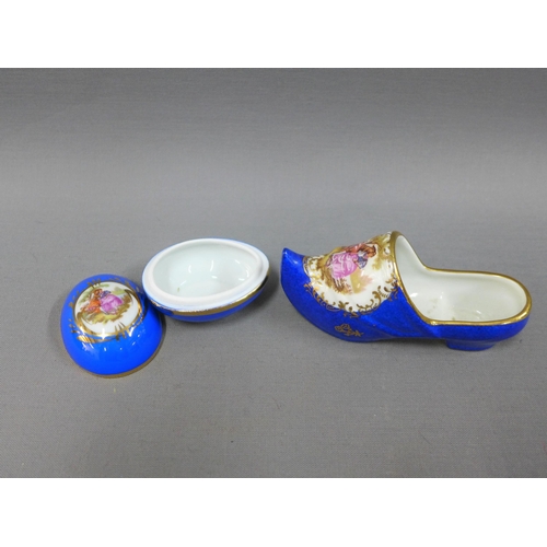 122 - Limoges porcelain and gilt metal mounted trinket box and cover, 19cm, miniature clog and an egg, (3)