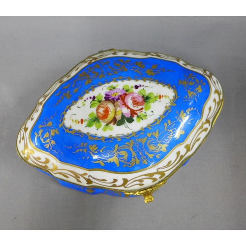 122 - Limoges porcelain and gilt metal mounted trinket box and cover, 19cm, miniature clog and an egg, (3)