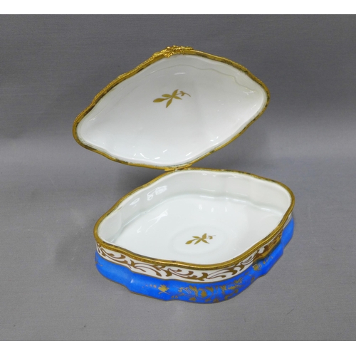 122 - Limoges porcelain and gilt metal mounted trinket box and cover, 19cm, miniature clog and an egg, (3)