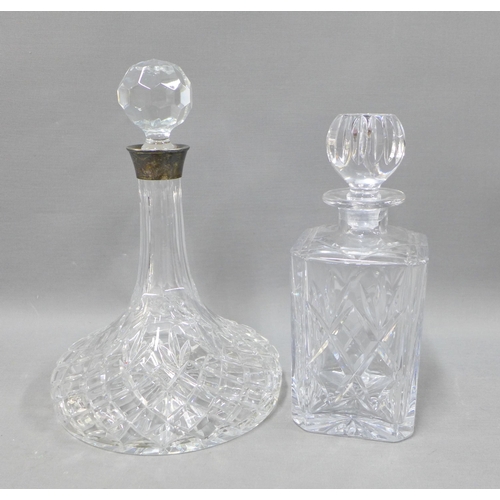 124 - Ships cut glass decanter and stopper with silver collar, together with a square cut crystal spirit d... 