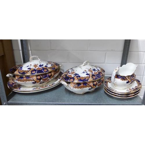 126 - Stoke Pottery Venice pattern dinner service with plates, bowels, serving platters, tureens and sauce... 