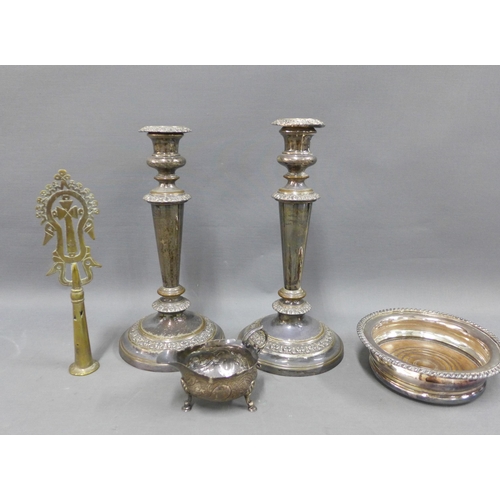 129 - A pair of Epns knop stemmed candlesticks, wine coaster, cream jug and brass cross, etc (5)