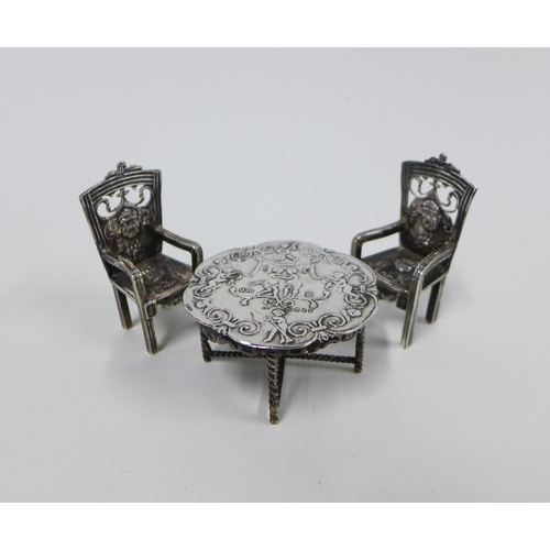 13 - Victorian miniature silver table and pair of silver armchairs, Louis Landsberg, import marks for Lon... 