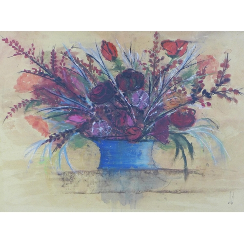 202 - Still life vase of flowers, mixed media, signed with a monogram and framed under glass, 63 x 47cm