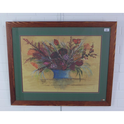 202 - Still life vase of flowers, mixed media, signed with a monogram and framed under glass, 63 x 47cm