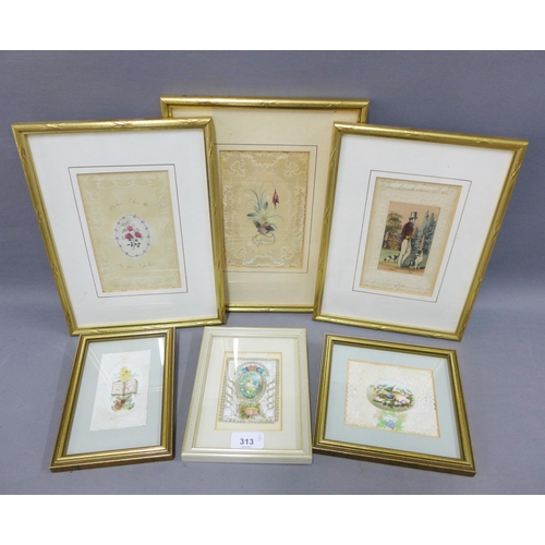 313 - Six late 19th / early 20th century Valentines Day Cards, all framed under glass, largest overall 25 ... 