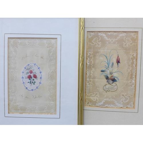 313 - Six late 19th / early 20th century Valentines Day Cards, all framed under glass, largest overall 25 ... 