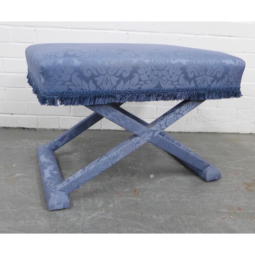 332 - Dressing stool, the whole upholstered with pale blue damask fabric, with a rectangular top on an x f... 