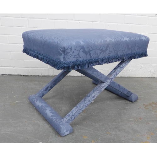 332 - Dressing stool, the whole upholstered with pale blue damask fabric, with a rectangular top on an x f... 