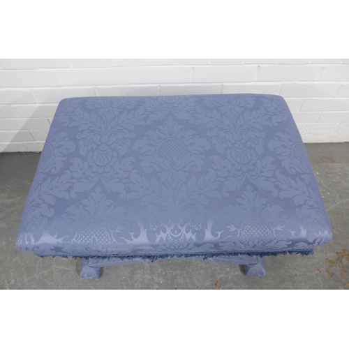 332 - Dressing stool, the whole upholstered with pale blue damask fabric, with a rectangular top on an x f... 