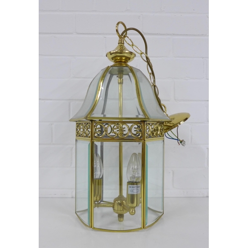 341 - Hexagonal brass and glass panelled hall lantern light fitting, 43cm approx.