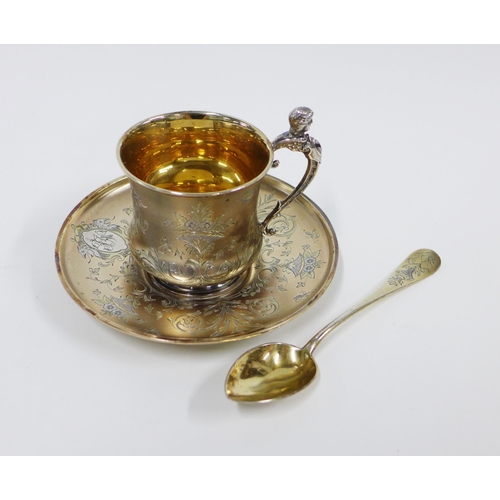 58 - Spanish silver cup, saucer and teaspoon set, with engraved floral pattern, in fitted box for Pablo B... 