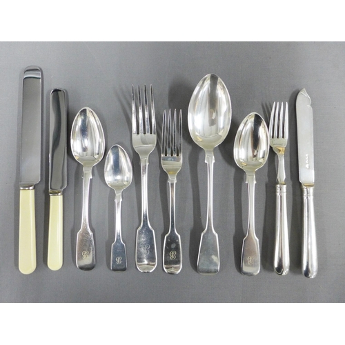 81 - A suite of silver fiddle pattern flatware with 12 dessert forks, 12 dessert spoons, 12 large forks, ... 