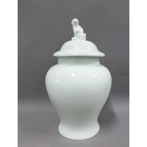 82 - Early 20th century Limoges celadon lidded jar, the cover with a temple lion finial, 27cm