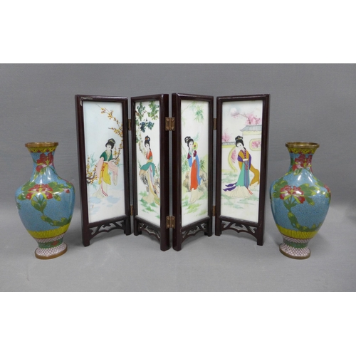 83 - A pair of cloisonne vases , 17cm, and a four fold porcelain screen (3)