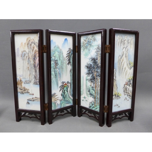 83 - A pair of cloisonne vases , 17cm, and a four fold porcelain screen (3)