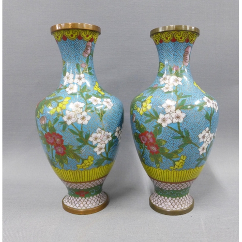 83 - A pair of cloisonne vases , 17cm, and a four fold porcelain screen (3)