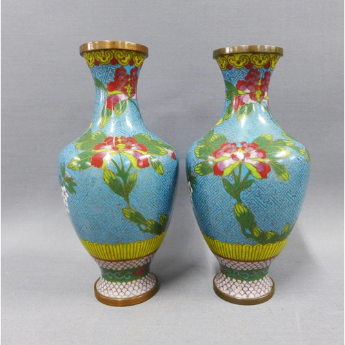 83 - A pair of cloisonne vases , 17cm, and a four fold porcelain screen (3)