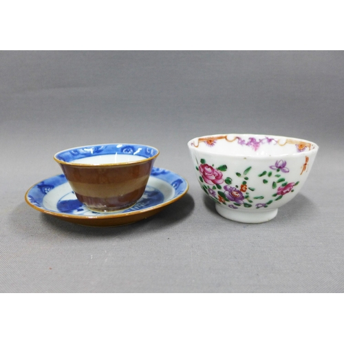 84 - Chinese cafe au lait blue and white glazed tea bowl and saucer (chip to saucer) and a famille rose t... 