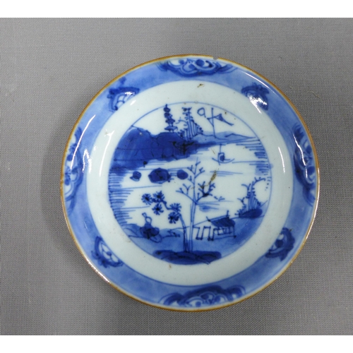 84 - Chinese cafe au lait blue and white glazed tea bowl and saucer (chip to saucer) and a famille rose t... 