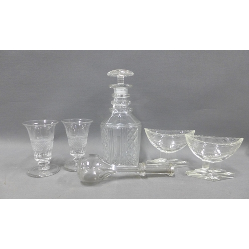 86 - Georgian glass to include a toddy lifter, pair of navette shaped salts, two sherry glasses and a tri... 