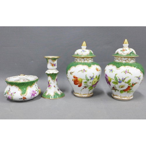 91 - Dresden porcelain to include a pair of lidded jars, candlestick and a small jar and cover 15cm (4)