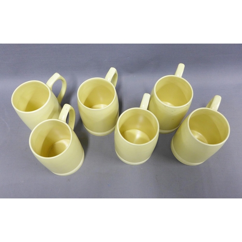 93 - Keith Murray for Wedgwood, set of six pottery tankards, printed factory marks and facsimile signatur... 