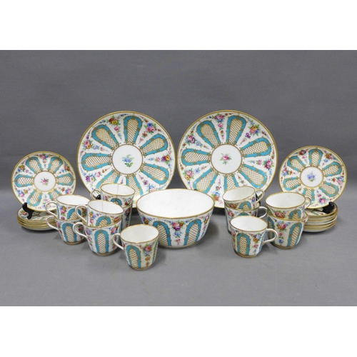 95 - English porcelain part tea set, blue and white panels with hand painted floral sprays, comprising 12... 