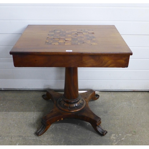 344 - Mahogany games table, rectangular top and two drawers, on a tapering column and quadripartite platfo... 