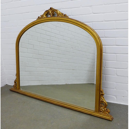 347 - Giltwood overmantle, scroll carved top and bevelled glass plate, 144 x 105cm