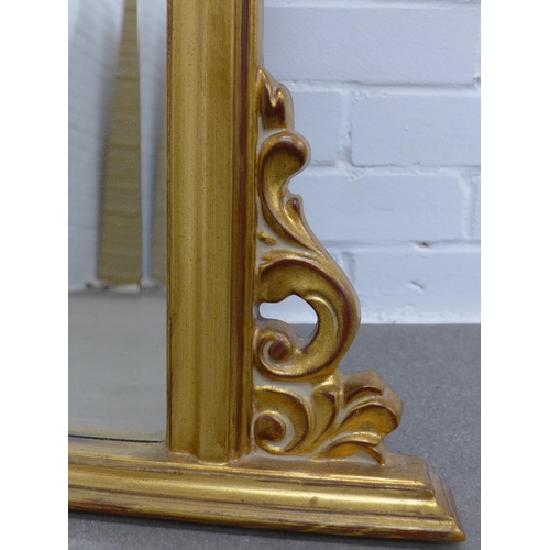 347 - Giltwood overmantle, scroll carved top and bevelled glass plate, 144 x 105cm