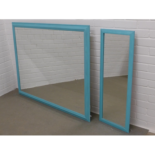 349 - Two rectangular wall mirrors in blue painted frames, 134 x 103cm & 37 x 98cm (2)