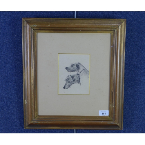 151 - 19th century ink sketch of two hounds, monogramed E.S and dated 1871, framed under glass, 12 x 16cm