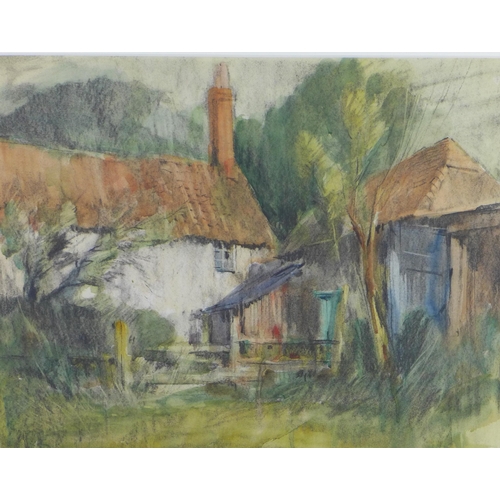 156 - Modern British School watercolour of a farmhouse, apparently unsigned, framed under glass, 48 x 38cm