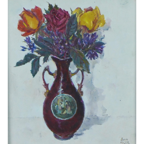 178 - John Miller, RSA, RSW, 1911 - 1975, Still life - vase of roses, oil on board, signed and framed, 30 ... 