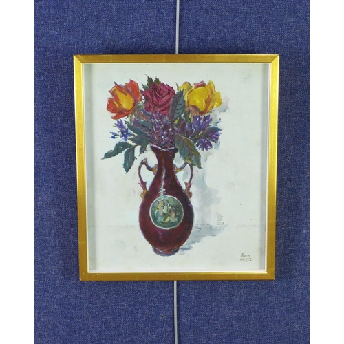 178 - John Miller, RSA, RSW, 1911 - 1975, Still life - vase of roses, oil on board, signed and framed, 30 ... 