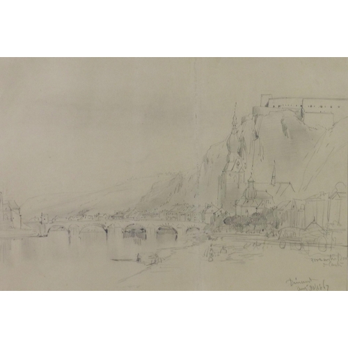 18 - William Callow RSW 1812 - 1908, Dinant on the Meuse, Belgium, pencil drawing on buff paper, inscribe... 