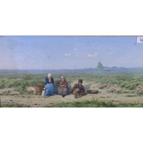 183 - A Mollinger, a watercolour of resting figures and their dog, signed and dated 1861, framed under gla... 